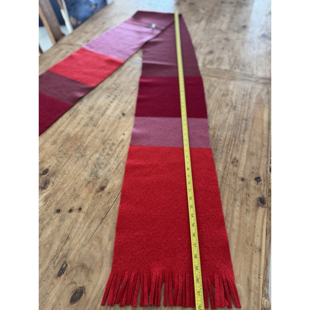 Vintage Lucy Barlow Wool Scarf Made in England Red Burgundy Colorblock Fringe - Picture 12 of 14